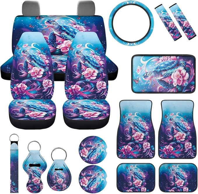 17Pcs Sea Turtle Flower Car Seat Covers Full Set for Women,Sea Turtle Flower Car Accessories Set with Seat Belt Pads Steering Wheel Cover Auto Front Rear Foot Carpet All Weather,Universal Fit