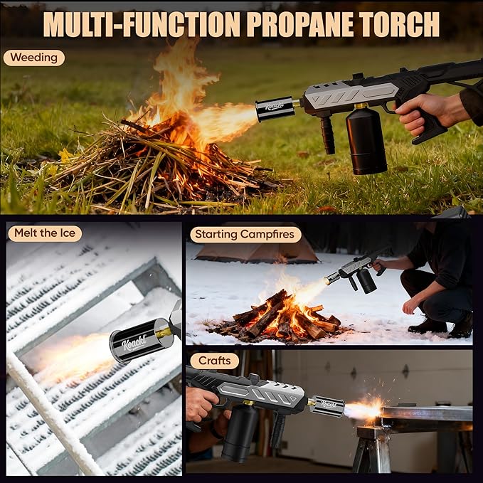 KOACKL Powerful Propane Torch, Blow Torch with Adjustable Flame, Flamethrower Kitchen Torch Burner Gas Welding Kits for Grill, BBQ, Searing Steak, Camping & Charcoal Torch Lighter(Tank Not Included)