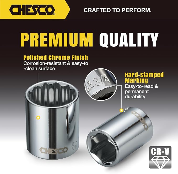 CHESCO 13030 Professional 30 Pieces 1/4" & 3/8" Drive 6 & 12 Pt. Shallow and Deep Socket Set, 72-Tooth Ratchet Mechanism, Extra Spark Plug Sockets and Extension Bar, Metric & SAE