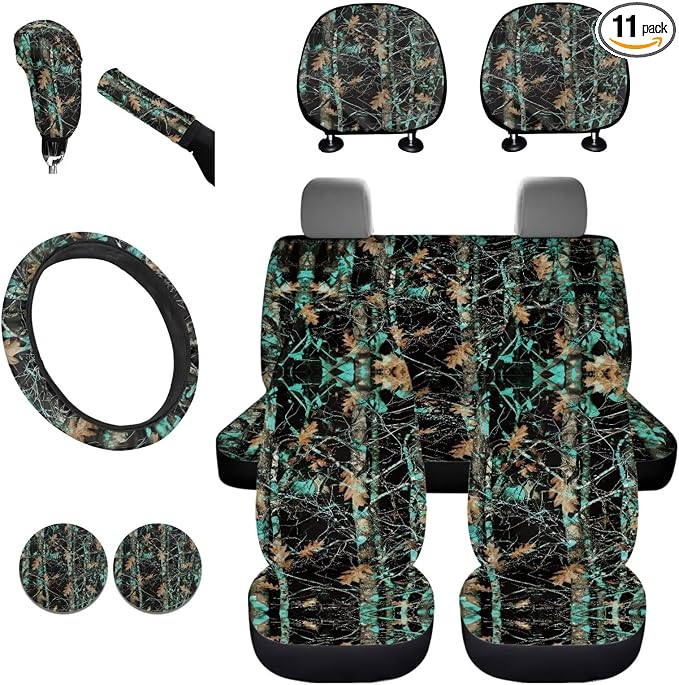 KEIAHUAN 11 Pcs Universal Car Seat Covers Camo Hunting Design with Steering Wheel Cover, Gear Shift Handbrake Cover, Cup Holder, and Headrest Cover Fit Most Van Sedan Truck SUV, Green