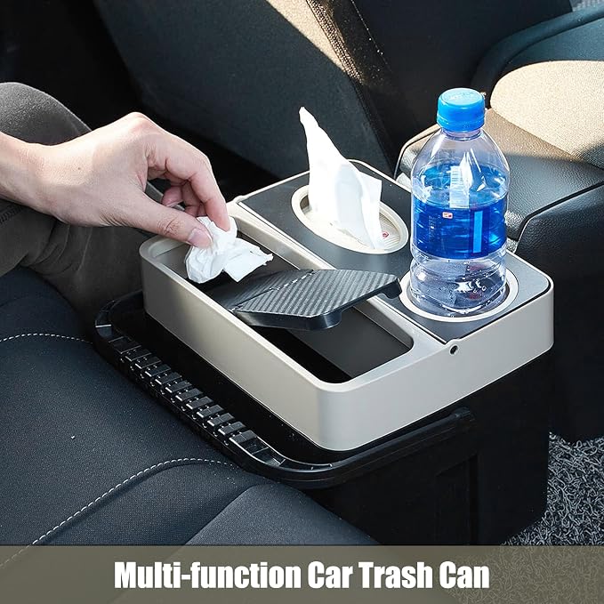 Beige Multi-function Storage Bucket Organizer Car Trash Can Cup Holder Tissue Box Car Interior Organizer