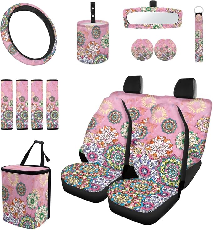 Pink Mandala Car Accessories Auto Seat Covers Full Set of 15 with Steering Wheel Cover, Seat Belt Pads, Trash Can, Coaster, Rearview Mirror Cover, Keychains for SUV Van