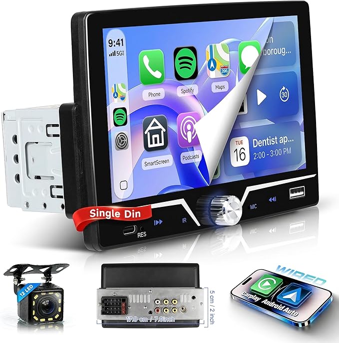 Single Din Car Stereo with Wired Carplay Android Auto, Sellrich 7 inch Touch Screen Bluetooth Single Din Car Radio with Mirror Link FM Radio USB/AUX/Type-C Ports+Backup Camera