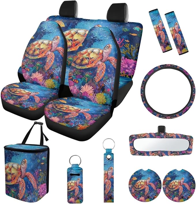 Suobstales Sea Turtle Print Car Accessories Set of 13, 4 Auto Seat Covers, 1 Steering Wheel Cover, 1 Car Trash Can, 2 Seat Belt Covers, 2 Coasters, 1 Rearview Mirror Cover, 2 Keychians