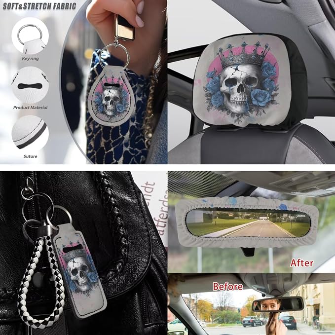 Crown Skull Print Seat Cover Full Set for Cars Rose Print Front and Rear Split Bench Seat Covers+Steering Wheel Cover+Seatbelt Pads+Headrest Covers+Center Console Pad for SUV Truck etc