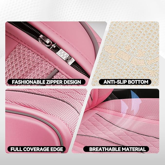 Auto Dynasty Car Seat Covers Full Set, Anti-Slip Automotive Interior Covers with Storage Pocket, Breathable Car Seat Protectors, Airbag Compatible, Fit Most Vehicles, Diamond Stitch Mesh Pink