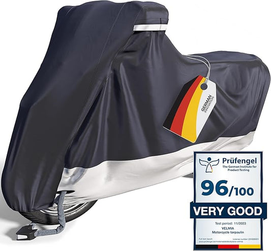 VELMIA Motorcycle Cover - Extremely Heat Resistant up to 550F, Waterproof for All Seasons, Fits Motorcycles, Scooters, Mopeds & Harleys