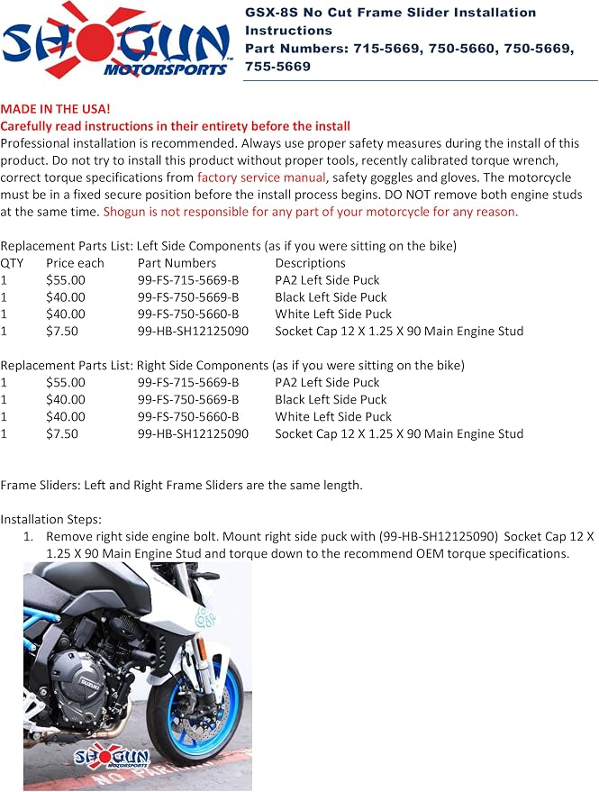 Shogun USA Made Suzuki GSX-8S GSX 8S GSX8S 2023 2024 2025 2026 Black No Cut Frame Slider Kit - 750-5669