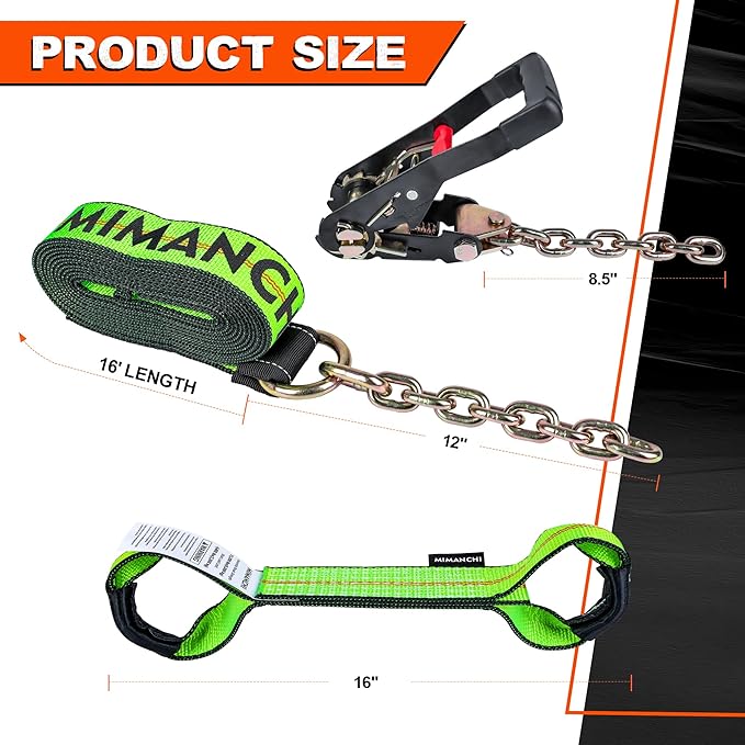8 Point Roll Back Vehicle Tie Down Kit,with Heavy-Duty Chain Extension on Both Ends,2" x 16',and Ratchet Handle - Tow Strap Kit for Vehicles and Cars Tie Down Straps Tow System