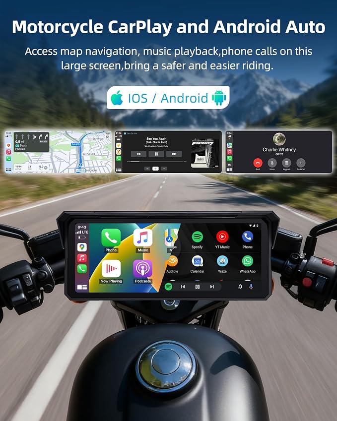 8.1" 4K Motorcycle CarPlay Screen w 4K Dash Cam Wireless Carplay Android Auto Screen for Motorcycle with GPS Navigation Voice Control WiFi Video Dual Bluetooth IPX7 Waterproof Wired Control
