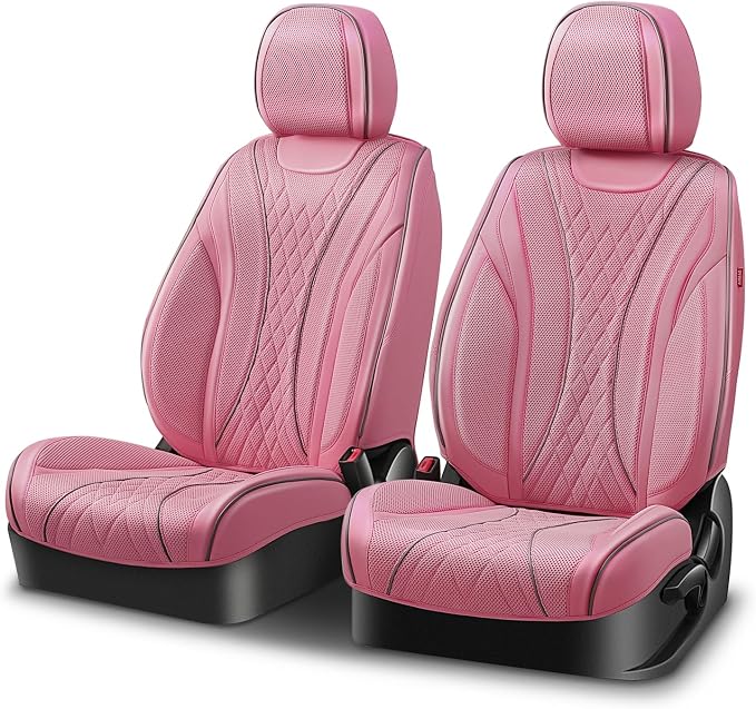 Auto Dynasty Car Seat Covers Front Set, Anti-Slip Automotive Interior Covers with Storage Pocket, Breathable Car Seat Protectors, Airbag Compatible, Fit Most Vehicles, Diamond Stitch Mesh Pink (2Pcs)