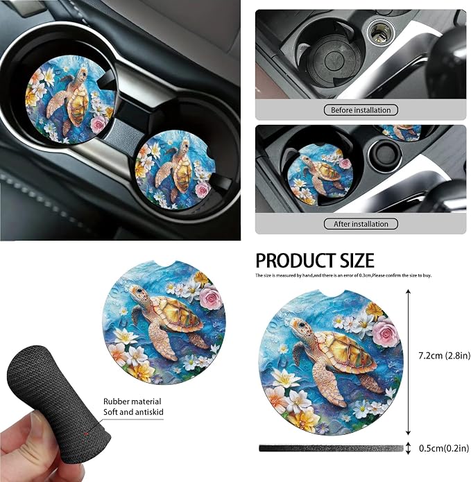 Turtle Floral Print Car Front Back Seat Covers Set of 15 Steering Wheel Covers Trash Cans Air Vent Storage Bag Seatbelt Strap Cover Rear View Mirror Covers Cup Coasters Keychain