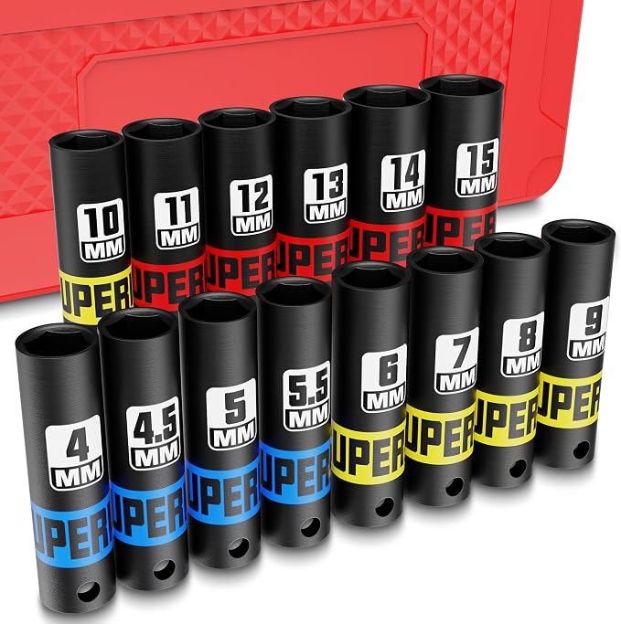 14 Piece 1/4" Drive Impact Socket Set, 4 mm - 15 mm Deep Socket, Metric, 6 Point, CR-V, Auto Repair Bicycle Maintenance and Furniture Assembly