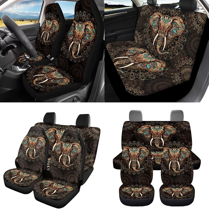 8 Pcs Aztec Elephant Car Seat Covers Full Set Car Accessories for Women Front Seat Cover Steering Wheel Armrest Cover Seat Belt Cover for Auto SUV Interior Decoration
