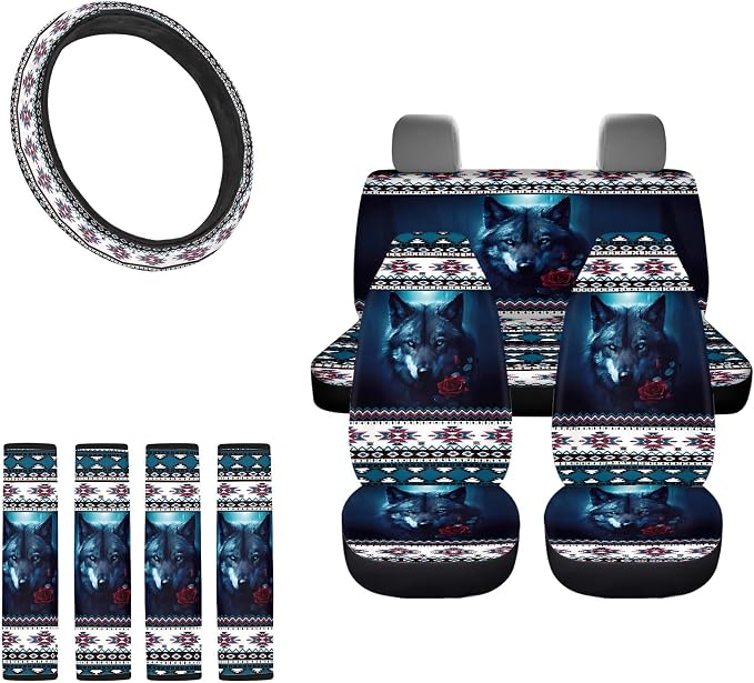 Aztec Wolf Seat Covers Full Set with Western Steering Wheel Cover, Shoulder Pads, Tribal Seat Covers Car Accessories Universal Fit for Most Cars, Blue