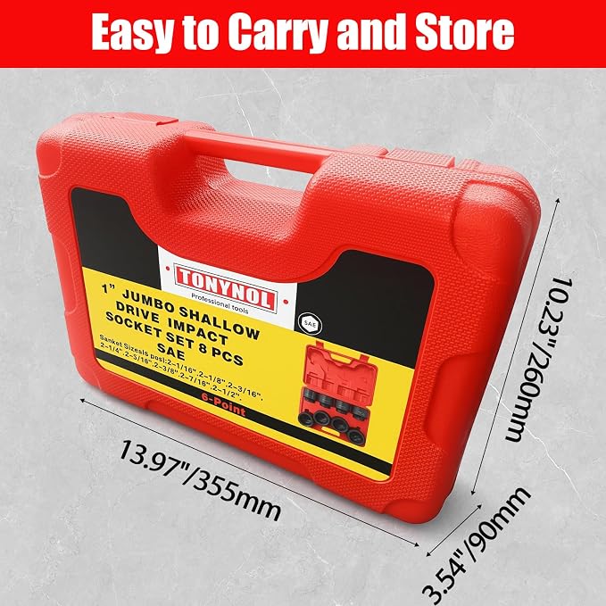 TONYNOL 1 Inch Drive Impact Jumbo Socket Set,6-Point,SAE(2-1/16" to 2-1/2"),8 Pcs,Cr-MO Steel,With a Storage Case