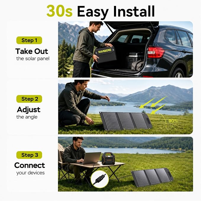 MARBERO Portable Solar Panel 30W Solar Panel Charger 23% High Efficiency Foldable Solar Panels QC3.0 USB & DC Port Compatible with Cell Phone Ipad Laptop IP65 Waterproof for Camping Outdoor Cloudy