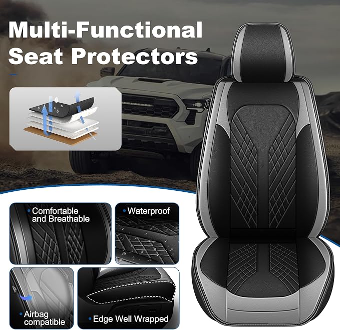 Seat Covers Full Set Compatible with 2024 2025 2026 Toyota Tacoma Double Crew Cab Waterproof Leather Seat Protectors Custom Fit for Trucks (Black&Grey)