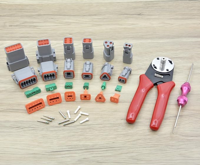 345 pcs DT Deutsch Connector Kit, 2 3 4 6 8 12 Pin Waterproof Connectors, Crimping Tool(12-20AWG), Connector Removal Tool, 100Pairs 16# Solid Terminal Contacts for Cars Motorcycle Boat