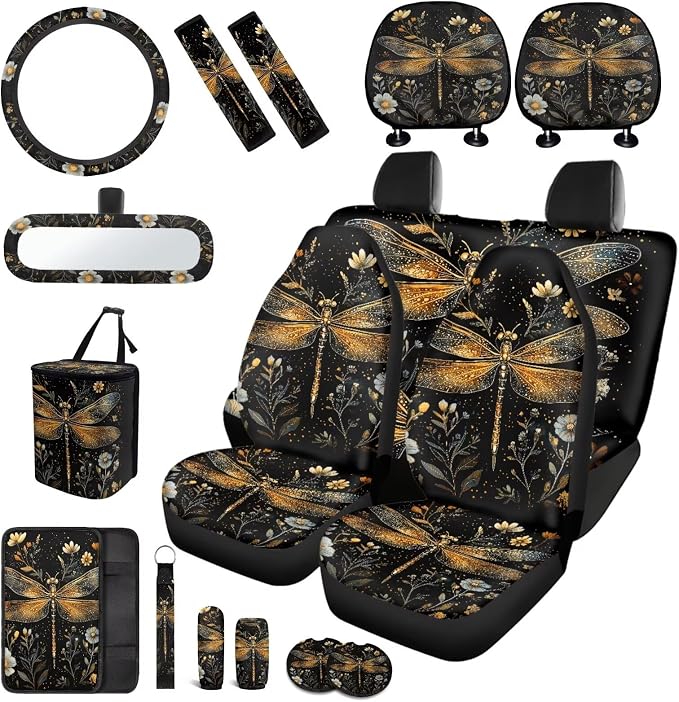 Dragonfly Car Seat Covers Full Set of 17 Pcs,Dragonfly Flowers Car Aaccessories Set with Steering Wheel Covers,Dragonfly Auto Seat Head Rest Protector for Auto Front Seat Rest Decoration