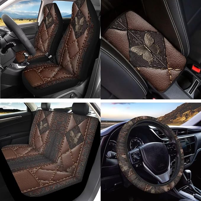 Butterfly Printed Car Seat Covers Full Set Universal Car Interior Accessories Set Included Steering Wheel Cover Seat Belt Pad Armrest Protector Coaster for Auto, Brown