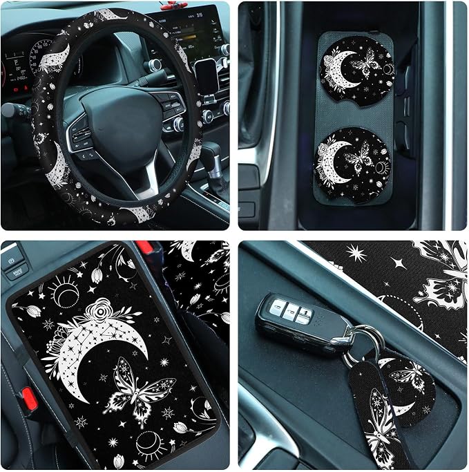 15 Pcs Full Car Seat Covers Set Car Accessories Seat Covers Steering Wheel Cover Belt Pads Armrest Pad Cup Holders Keychains for Most Truck SUV(Moon)