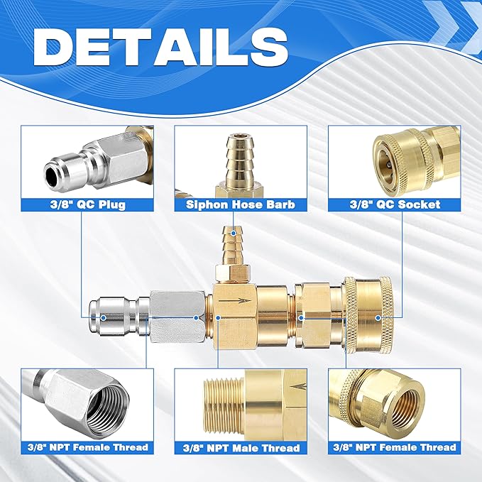 JOEJET Downstream Injector for Pressure Washer, Fixed Chemical Injector Kit with 3/8 Inch Quick Connect, Pressure Washer Gun with Foam Cannon
