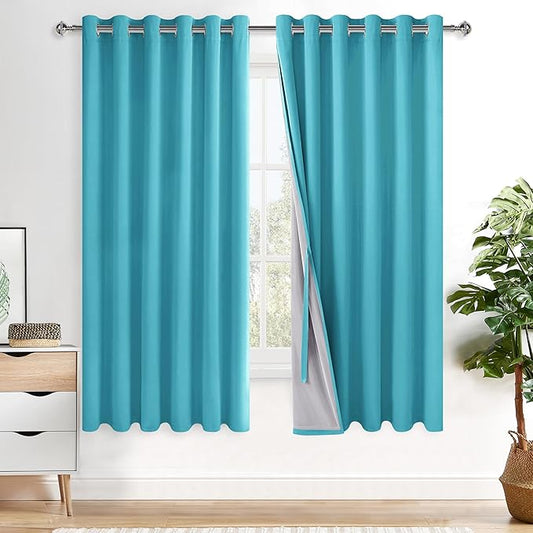 XWZO 100% Blackout Curtains 63 Inches Long with Tiebacks- Completely Shaded & Energy Saving Large Window Panels with Black Liner for Living Room/Bedroom, Turquoise, W70 x L63, Set of 2