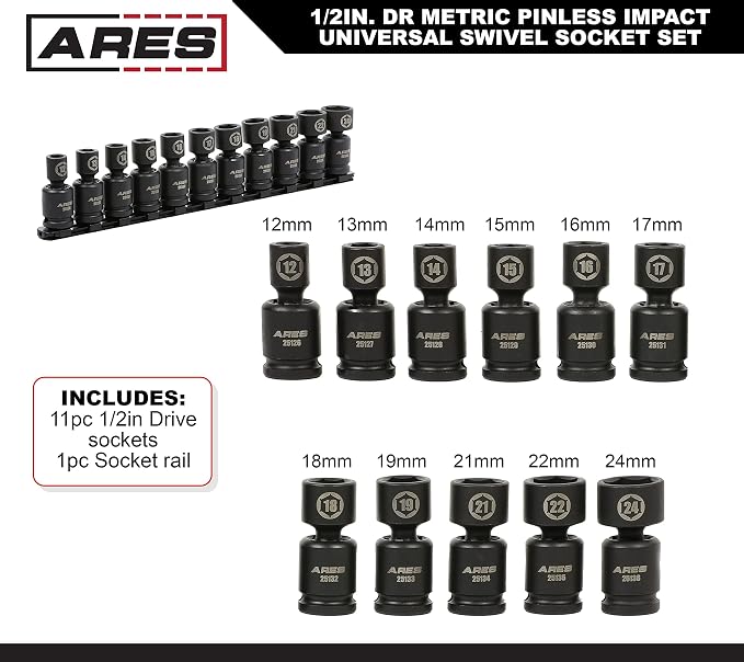 ARES 25125-11-Piece Metric Pinless Universal Swivel Impact Socket Set - 1/2-Inch Drive Swivel Impact Sockets Access Hard to Reach Fasteners – Pinless Design Allows for Smooth Full 360 Degree Action