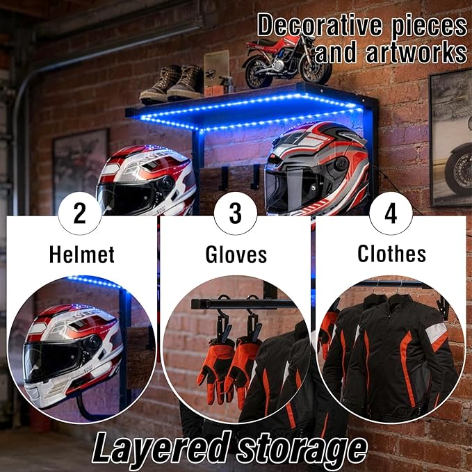 Motorcycle Helmet Rack Wall Mount with Light, Black & Steel Motorcycle Helmet Rack with RGB Light, Waterproof Heavy Duty Helmet Display Shelf for Jackets, Gear & Motorcycle Accessories Storage