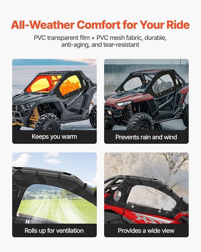 VEVOR Cab Enclosure Upper Doors, Compatible with Polaris RZR PRO XP/Turbo R 2020-2024, Soft Upper Doors, Windproof Upgraded Zipper UTV Soft Side Window Kit, Work with Side Mirrors and Windshields