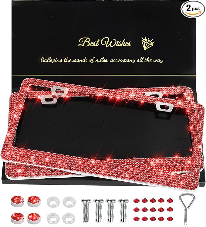 QUANQIUFEI 2 Pack Bling License Plate Frames for Women, Sparkly Rhinestone Diamond Car Accessories with Glitter Crystal Caps (Red)