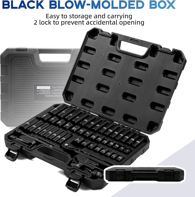 Reniteco 50-Piece 3/8" Drive Socket Set, SAE (5/16"-3/4") & Metric (8mm-22mm), Deep & Shallow, 72-Tooth Ratchet Wrench, Extension Bars, 1/2" F to 3/8" M Reducer, Universal Joint & Power Drill Adapter