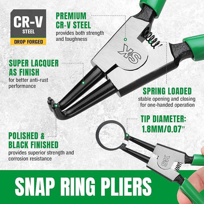 SK 4-Piece Snap Ring Pliers Set, 7-Inch Internal/External Circlip Pliers with Straight/Bent Jaw, 0.07'' Tip Diameter, Premium CR-V Steel, with Zipper Pouch