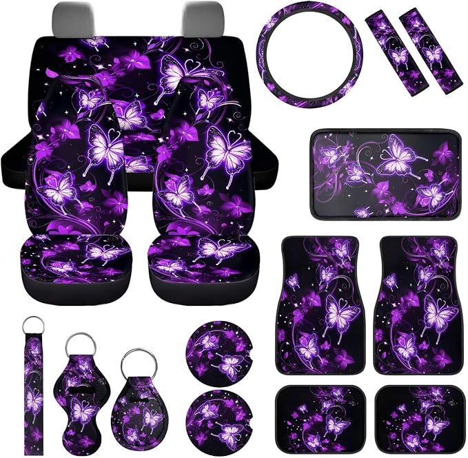 Neon Butterfly Car Accessories Set Full Sets 17 Pack Purple Butterfly Car Seat Covers with Front and Split Rear Bench,Seat Belt Cover Pad,Auto Front Rear Foot Carpet All Weather,Universal Fit