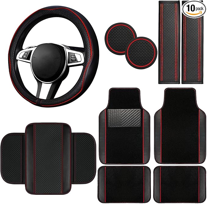NBTEPEM 10 Pcs Car Floor Mats Full Set Car Accessories, Microfiber Leather Steering Wheel Covers 14.5-15 inch, Center Console Cover, Seat Belt Pads, Cup Coasters, Universal Interior Decor(Red)