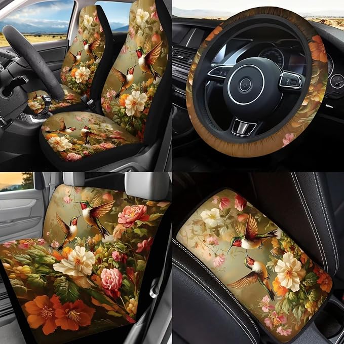 Hummingbird Flower Car Seat Covers Full Set 17 Pack for Women Car Accessories Set with Auto Head Rest Covers,Trash Can Bin for Back Seat Leak Proof,Seat Belt Cover Pad,Cup Coasters