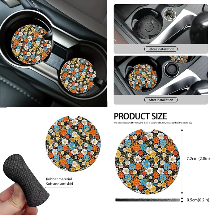 Car Accessories Car Seat Covers Full Set/Seatbelt Shoulder Pads/Coasters/Key Ring/Lipstick Holder for Women's Vehicle Decor(13 Pack), Colorful Hippie Floral Print