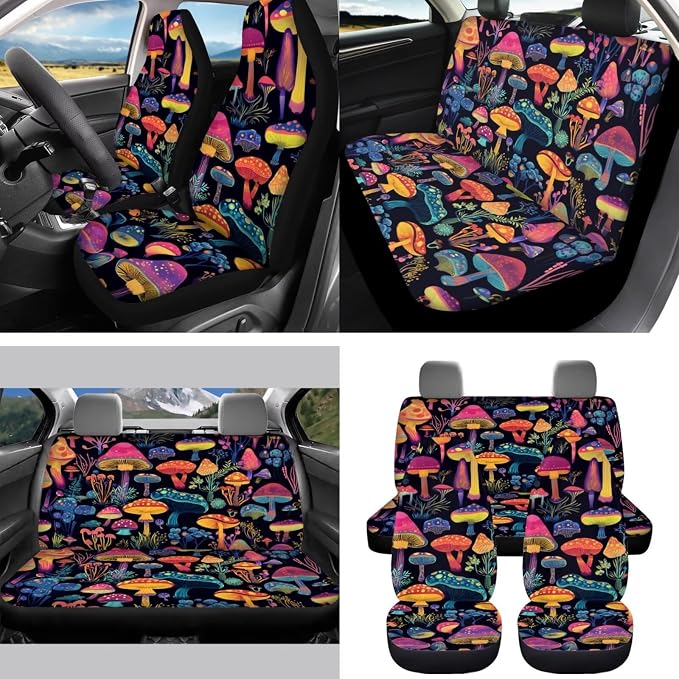 15 Pcs Cute Mushroom Car Seat Cover Full Set for Women with Car Steering Wheel Cover Seat Belt Cover Trash Bin Front Rear View Mirror Car Cup Holder Keychain