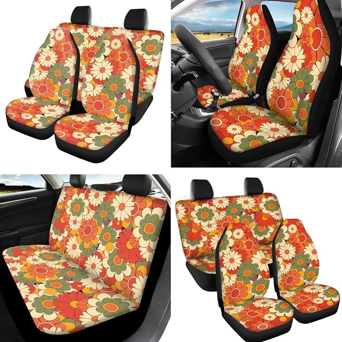 12 Pcs Beauty Hippie Floral Car Seat Cover Sets for Women Rainbow Boho Groovy Flowers Auto Steering Wheel Cover Seatbelt Pads+Daisy Cup Coasters+Keychains,Retro 70S Car Interior Set