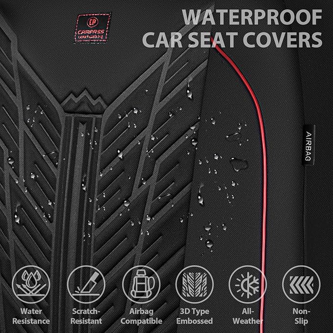 CAR PASS Waterproof Car Seat Covers Front Seats,Neoprene Seat Covers 3D Tyre Embossed,All-Weather Automotive Seat Cover Non-Slip Durable,Universal Fit for SUVs Cars Trucks, Airbag Compatible,Black Red