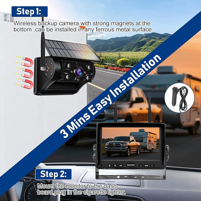 Wireless Backup Camera for Truck RV Trailer Car Camper Tractor Vehicles, Magnetic Solar Reverse Camera,7" HD 1080P Monitor with Portable Rechargeable Waterproof 170° Rear View Camera,IR Night Vision