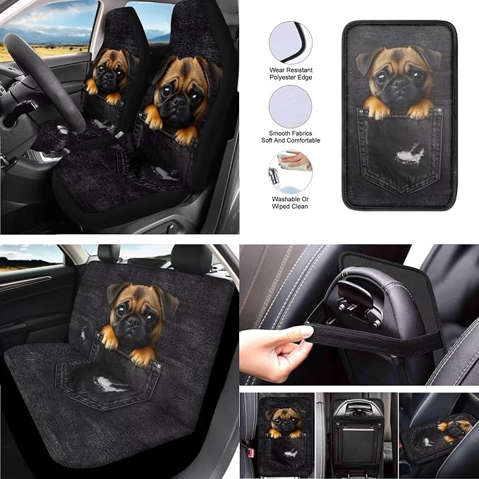 Cute Pug Dog Pattern Car Seat Cover Full Set 13 Pcs Cartoon Puppy Print Front/Rear Split Bench Protection Universal Fit for Auto Truck Van SUV