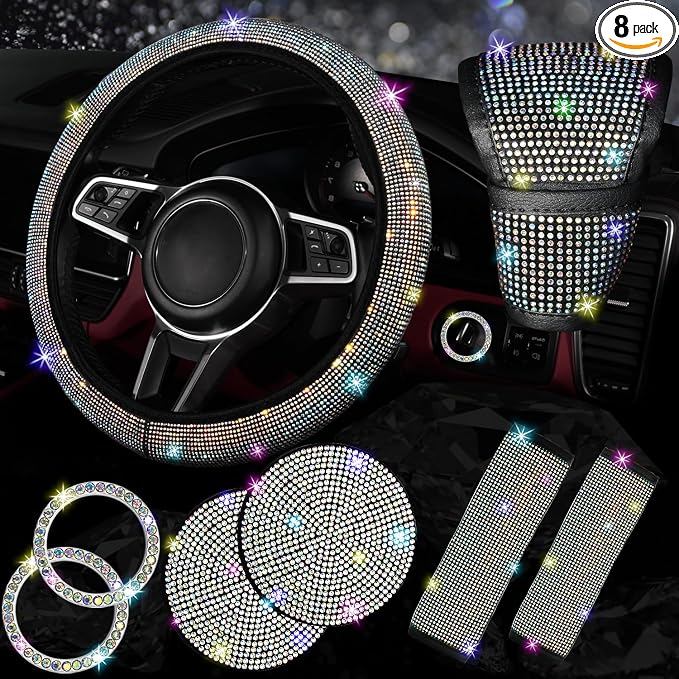 NBTEPEM 8 pcs Bling Car Accessories Set for Women, Steering Wheel Cover, Sparkly Seat Belt Covers, Bling Gear Shift Cover, Universal Fit Most Cars (Multicolor Diamond)