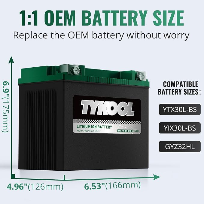 TYKOOL LFP30L-BS-STD 12V Lithium Battery, Replaces YTX30L-BS, 650CCA Fits for ATV UTV Motorcycle PWC, Compatible with Benelli 900cc Polaris Ranger 500 700 800 Sea-Doo GTX GTI, Digital Readout [- +]
