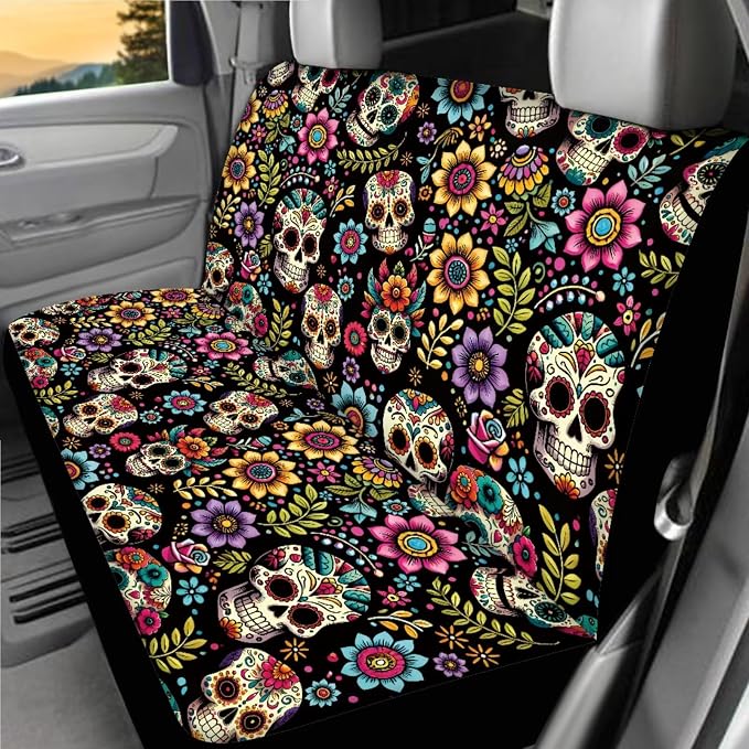 Sugar Skull Car Seat Covers Full Sets 18 Pcs Gothic Skeleton Car Interior Accessories Car Headrest Covers Car Seat Belt Pads Cover Auto Trash Bag Steering Wheel Cover Armrest Box Pad