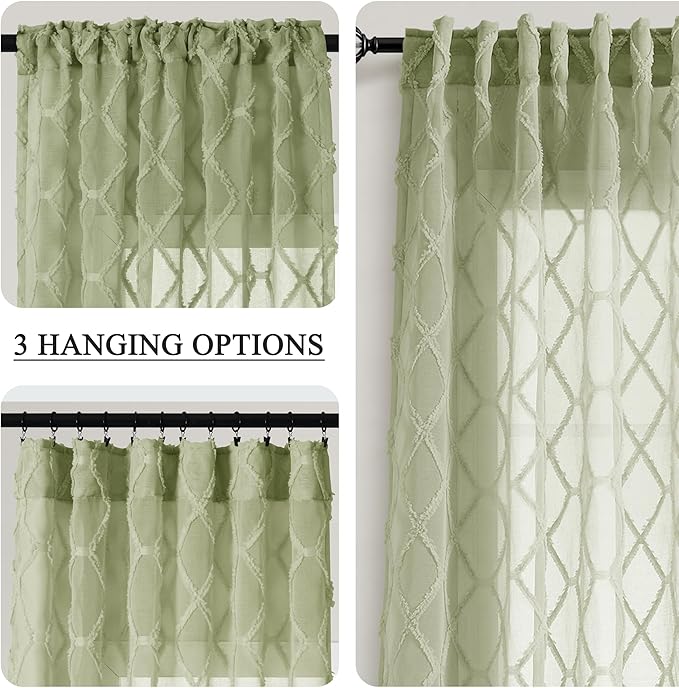 Sage Green Sheer Curtains 90 Inch Long for Living Room 2 Panels Back Tab Pocket Light Green Boho Farmhouse Drapes Light Filtering Privacy Embroiderd Textured Rustic Window Curtain for Bedroom 52x90