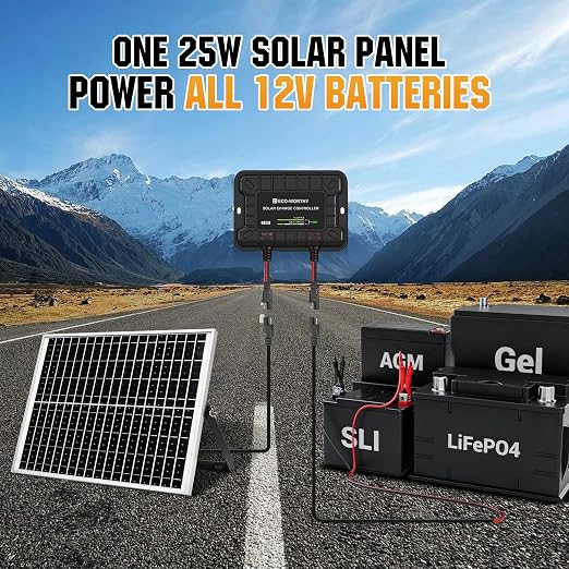 ECO-WORTHY Solar Panel Kit 25W 12V Solar Battery Charger Trickle Maintainer, 25W Solar Panel + Adjustable Mount Bracket + Upgrade Controller,for 12V Batteries Cars RV Boat Motorcycle Marine