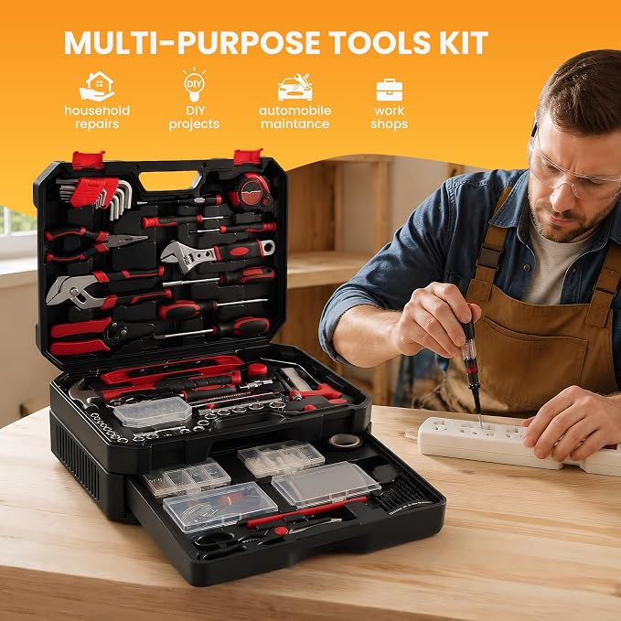 330-Piece Portable Home Repair Tool Kit with Pull-Out Drawer | Compact Homeowners Tool Kit, Durable Tool Box for Homeowner, DIY Projects, Handyman, Black-Red