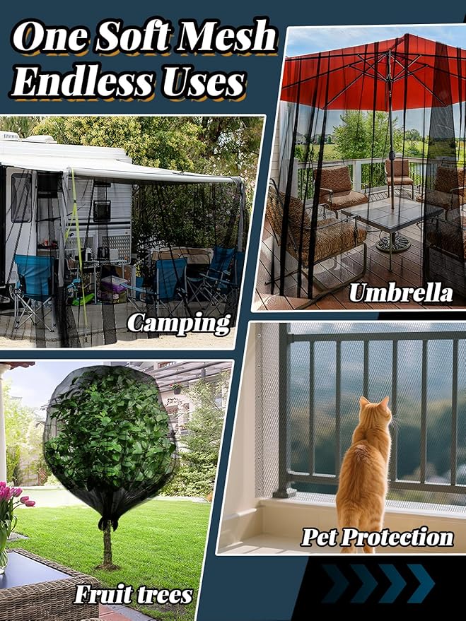 65x10ft Extra Large Mosquito Net - Mesh Netting for Garden Skin and Plants Protection, Patio Bird Bug Screen, Black